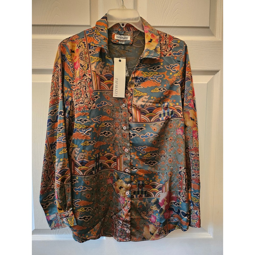Paparazzi Button Up Shirt Womens Medium Multicolor Patchwork Asian Print NWT